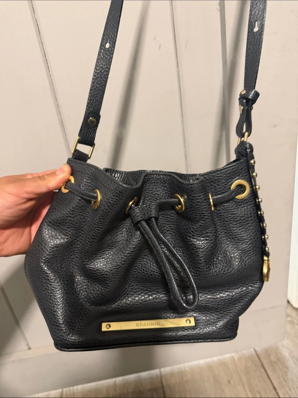Brahmin Black Pebbled Leather Drawstring Hobo with Gold Hardware